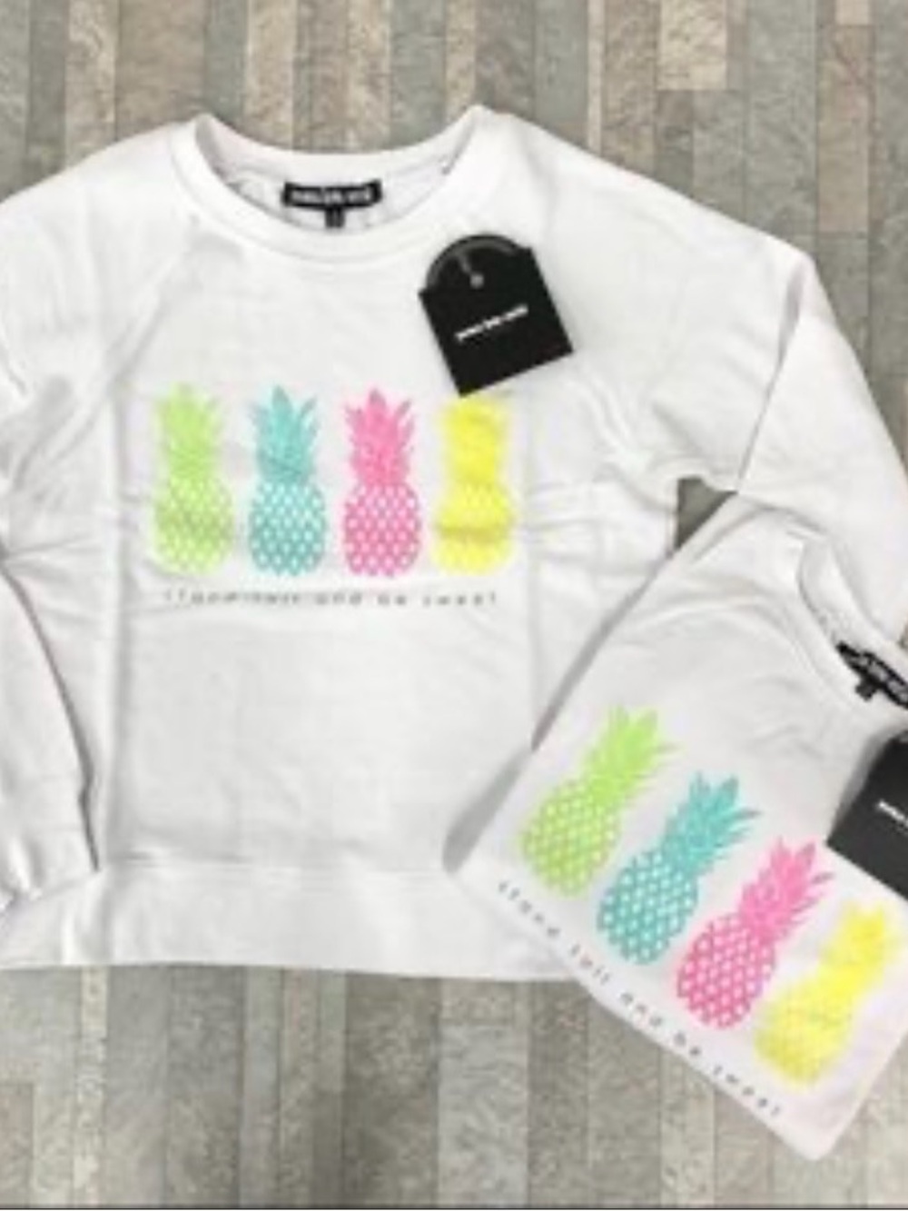 🩵 Kids Peace Love World White Sweatshirt with Neon Pineapple Row